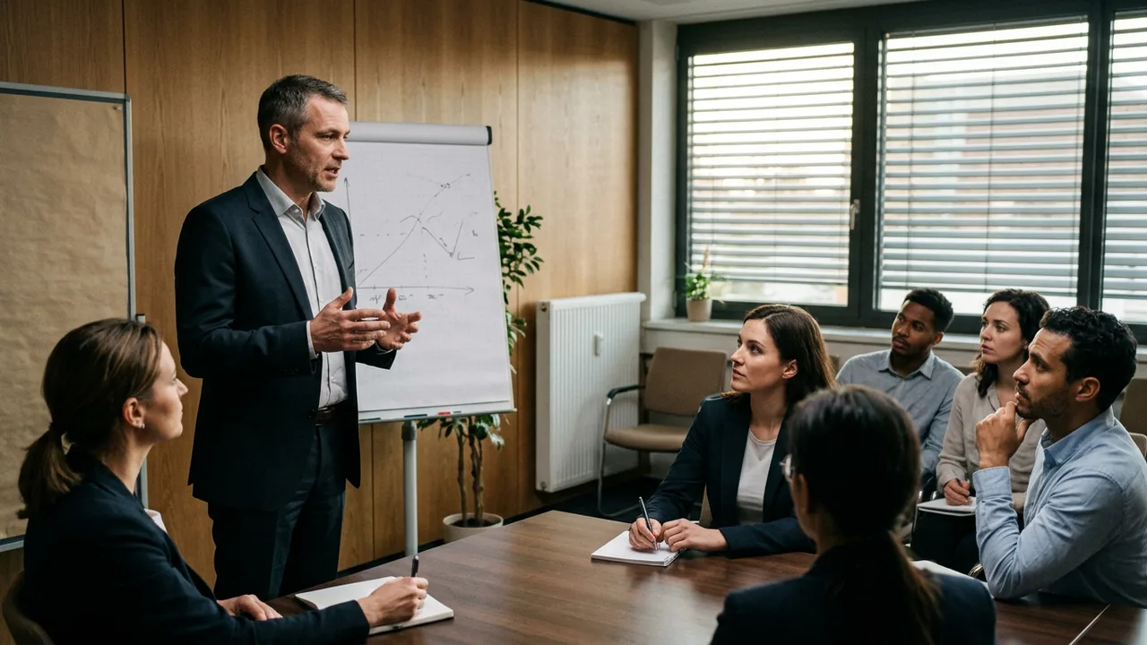 Eine Führungskraft spricht in einem Besprechungsraum vor sitzenden Mitarbeitenden.