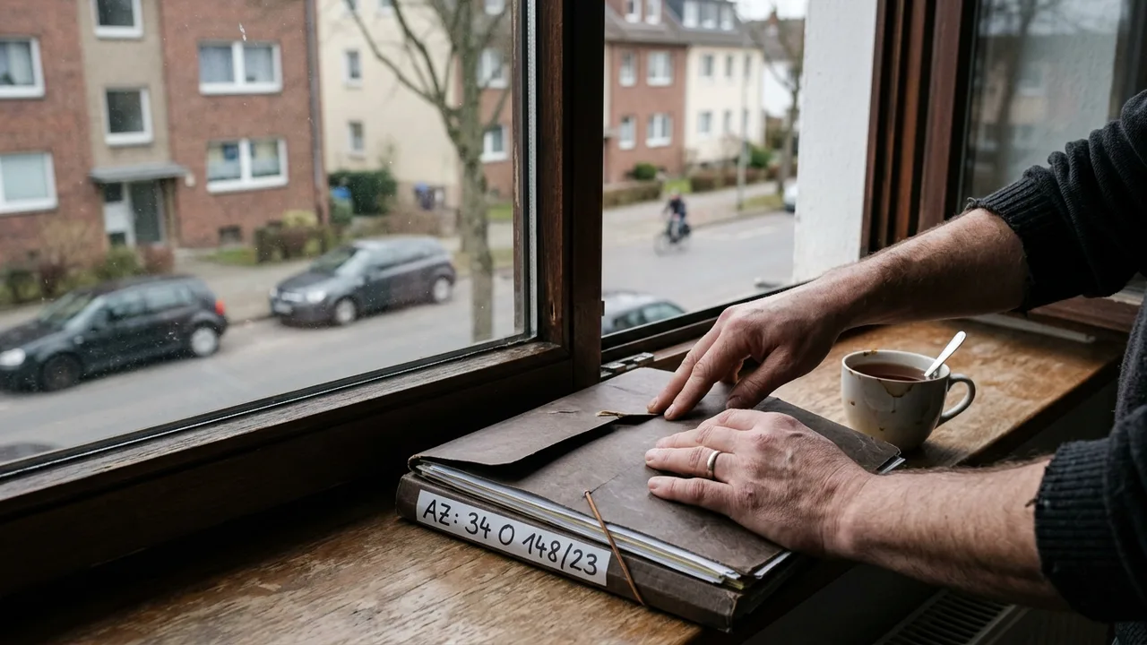 Auf einer Fensterbank wird eine Akte mit Aktenzeichen geschlossen, draußen ist eine ruhige Wohnstraße zu sehen.