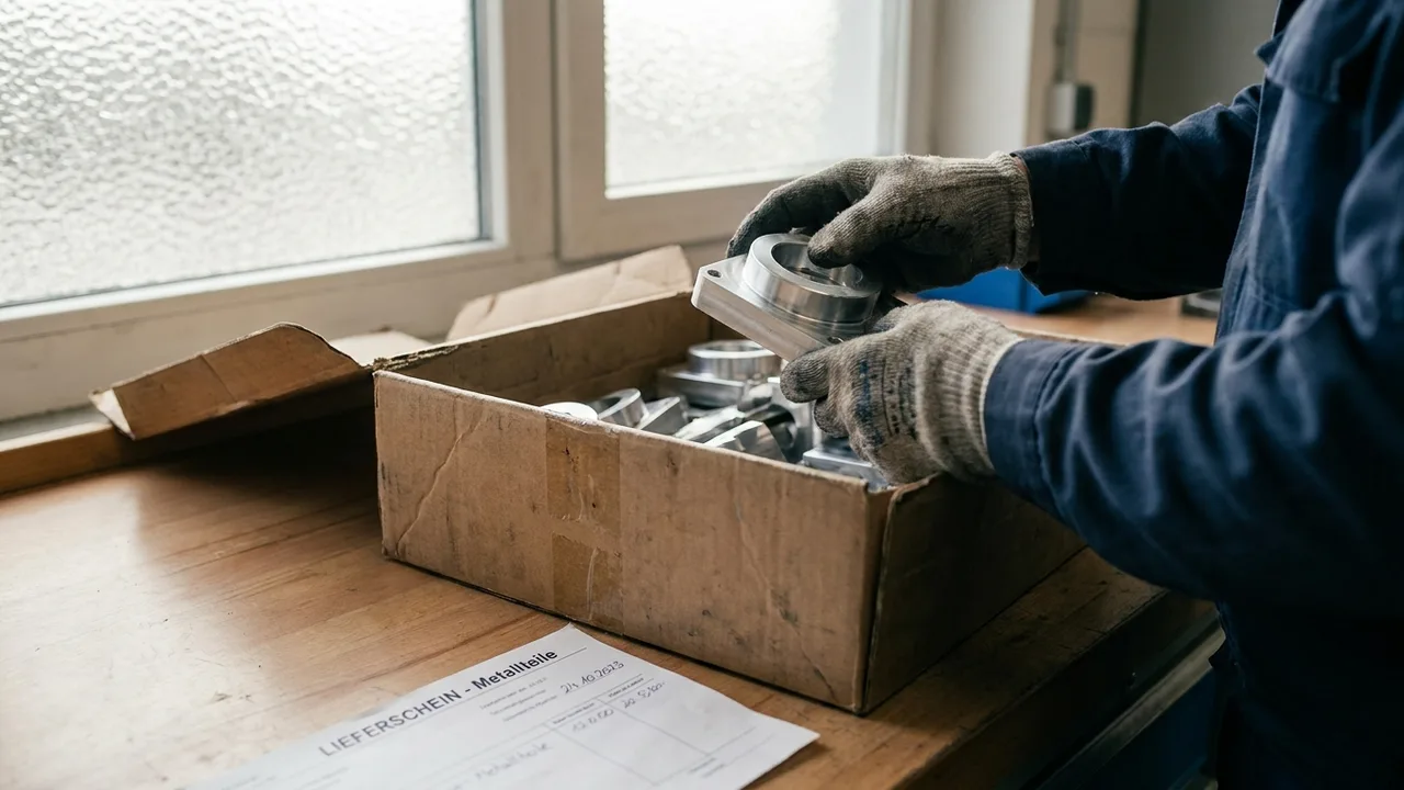 Prüfung von Metallteilen gegen den Lieferschein an der Werkbank