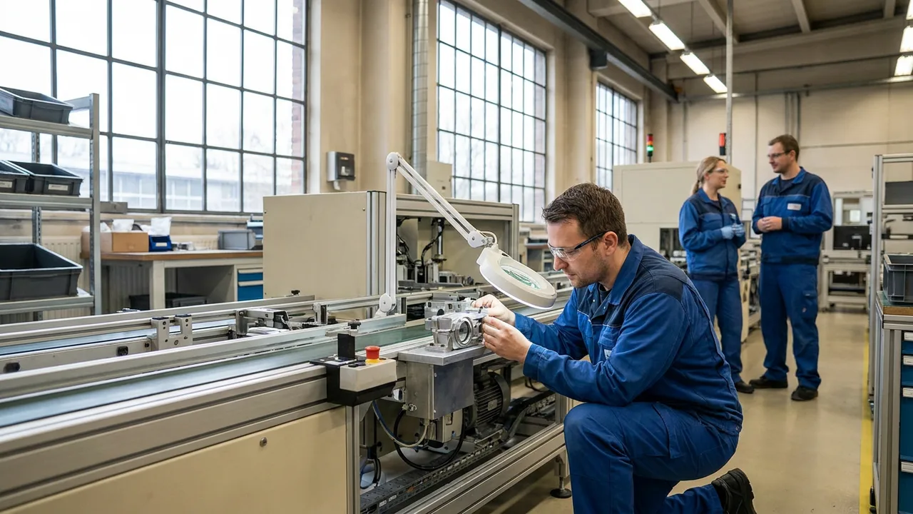 Werker entdeckt einen Mangel an einem Bauteil in der Produktion