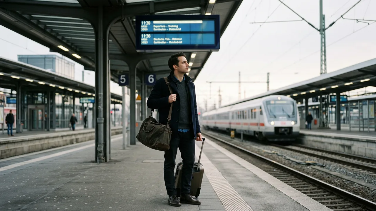 Berufstätige Person mit Reisetasche steht auf einem Bahnsteig und blickt auf die Anzeigetafel.