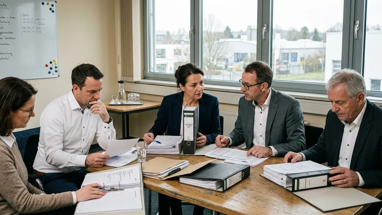 Führungskräfte und Berater sitzen an einem Konferenztisch mit Aktenordnern und Bilanzunterlagen während einer Sanierungsbesprechung.