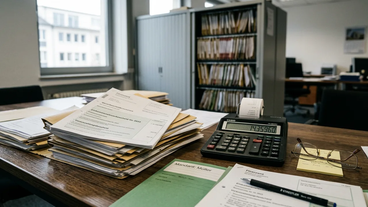 Schreibtisch in einer Steuerkanzlei mit Steuerbescheiden, Taschenrechner und Aktenordnern im Hintergrund.