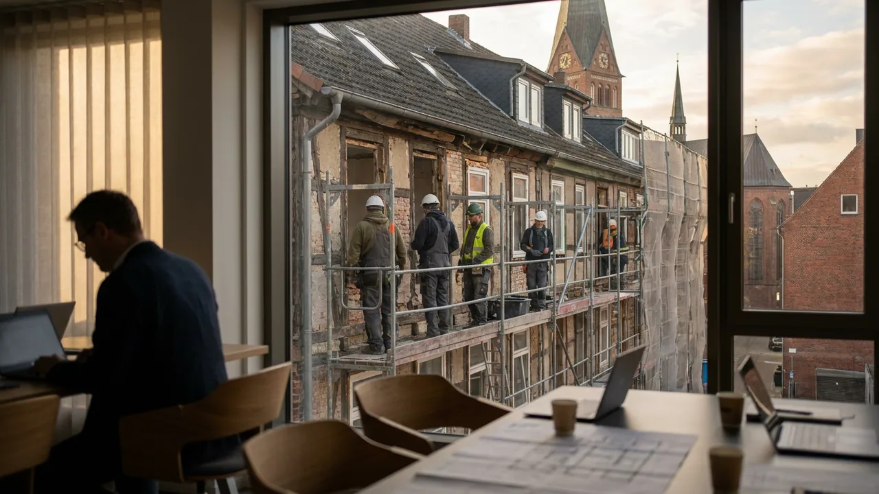 Bauarbeiter auf einem Gerüst an einer Wohnhausfassade