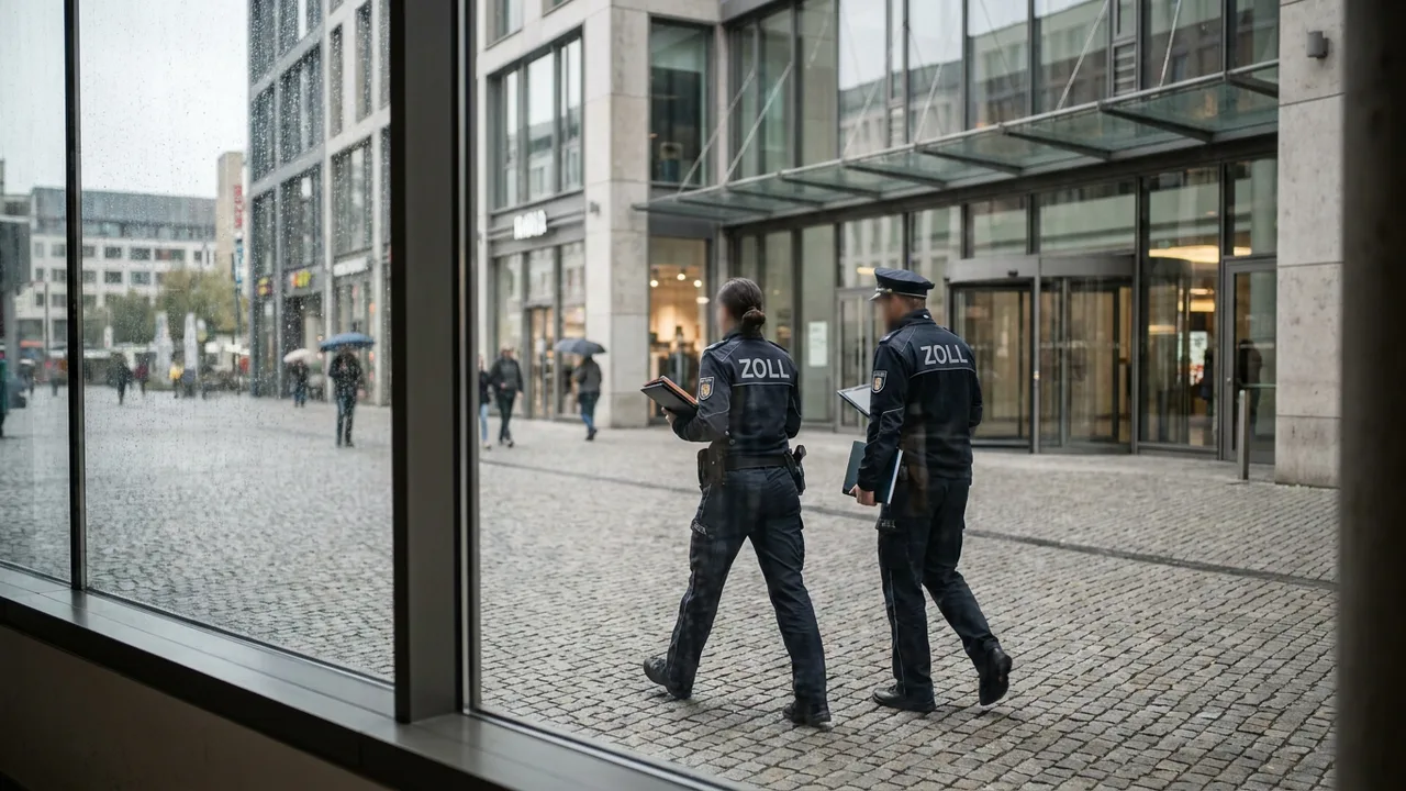 Zwei Zollbeamte auf dem Weg zu einer Geschäftsprüfung