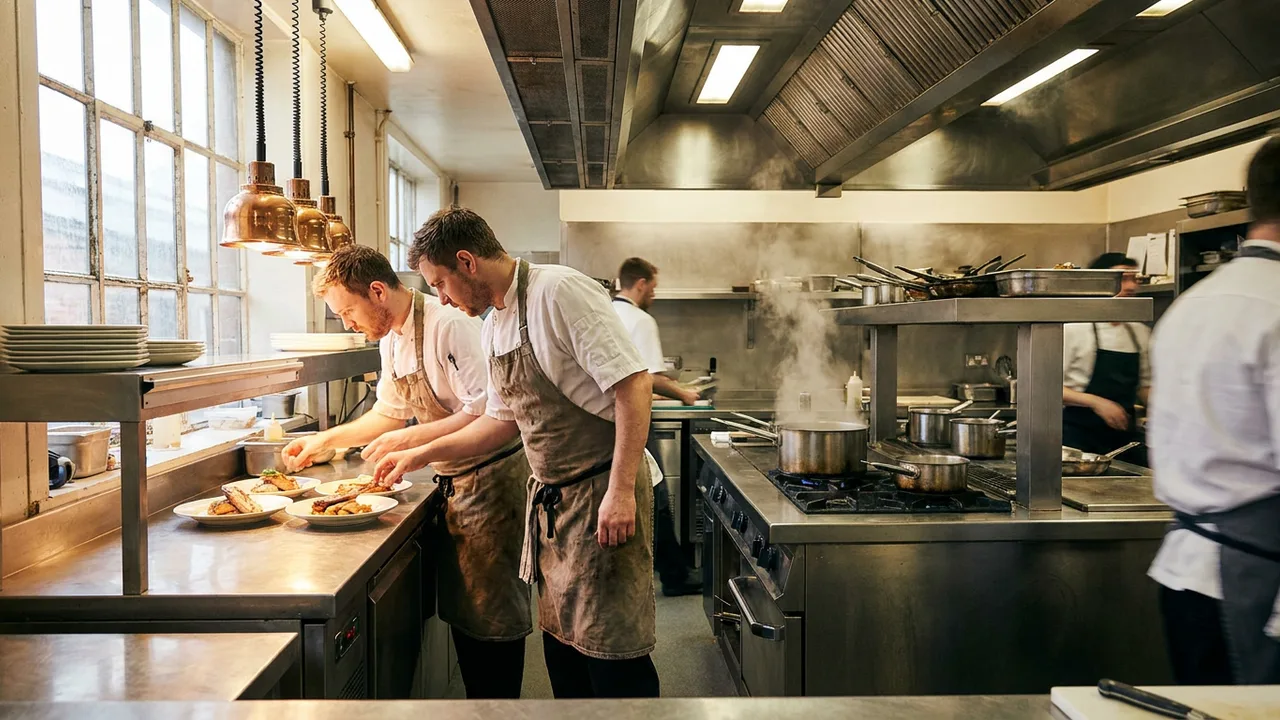 Köche arbeiten in einer Restaurantküche am Pass