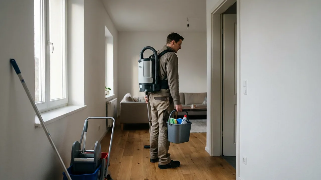 Reinigungskraft mit Ausrüstung im Flur einer Privatwohnung