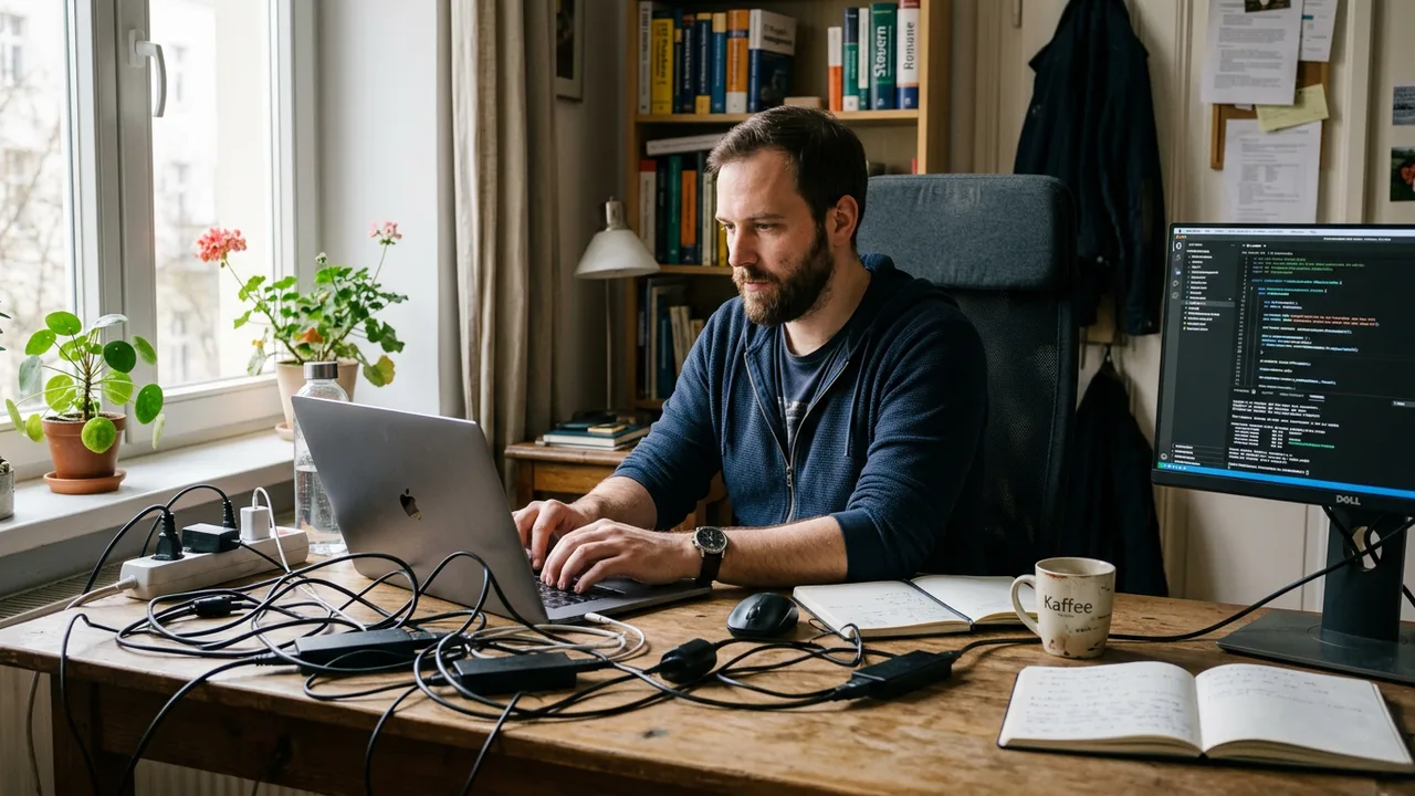 Freiberufler arbeitet allein am Laptop in einem kleinen Home-Office mit zwei Bildschirmen.