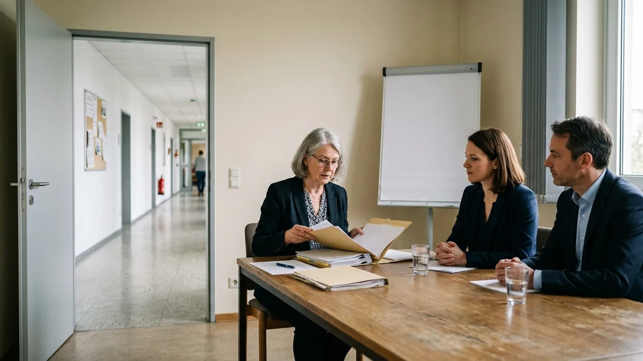 Zwei Personen sitzen einer Prüferin mit Aktenordner in einem schlichten Besprechungsraum gegenüber.