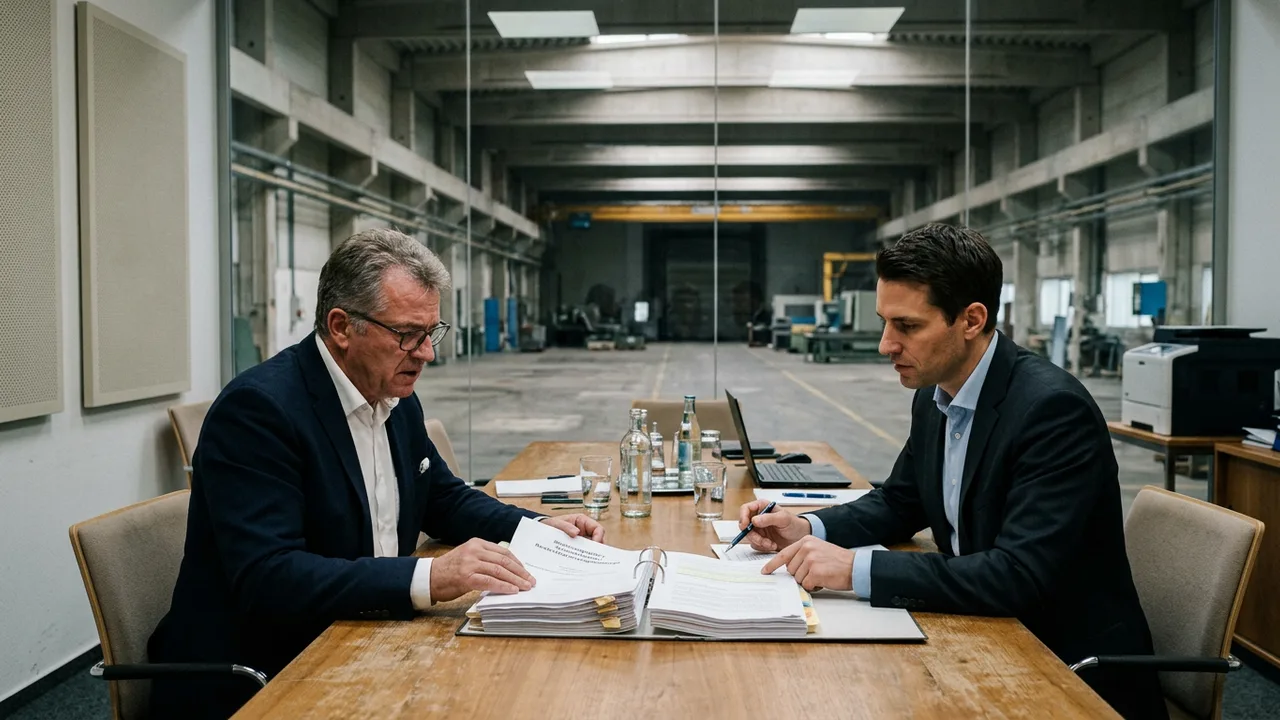 Geschäftsführer und Anwalt besprechen einen Sanierungsplan in einem Konferenzraum vor einer leeren Produktionshalle.