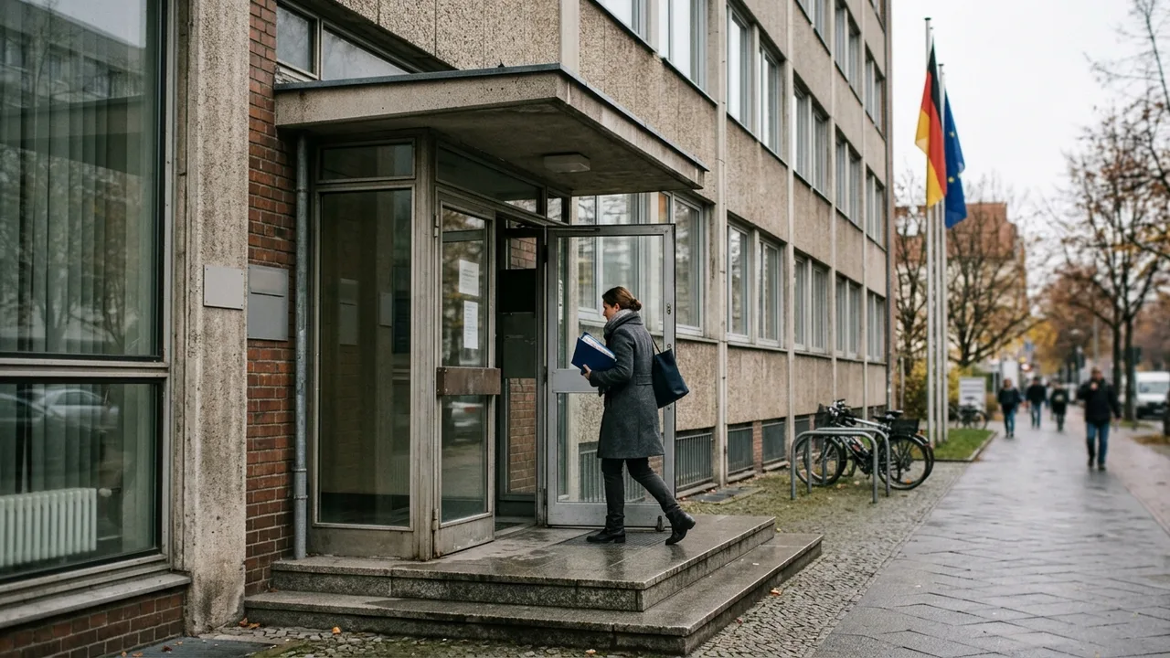 Person mit Aktenordner betritt ein deutsches Verwaltungsgebäude bei bewölktem Tageslicht