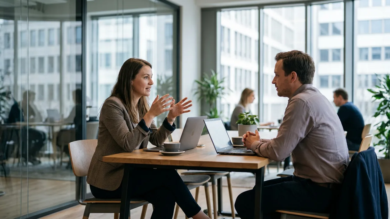 Freiberuflerin im Gespräch mit einem Kunden im Co-Working-Space