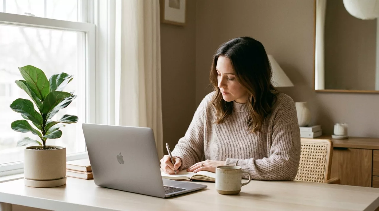 Eine Frau arbeitet konzentriert im Homeoffice an einem Laptop an einem aufgeräumten Schreibtisch.