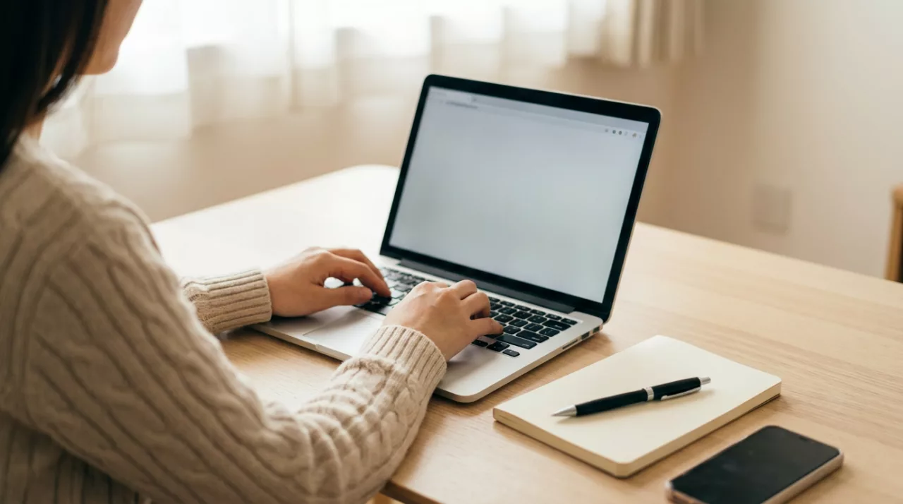 Hände tippen im Homeoffice auf einem Laptop, daneben liegen ein Notizbuch und ein Smartphone.