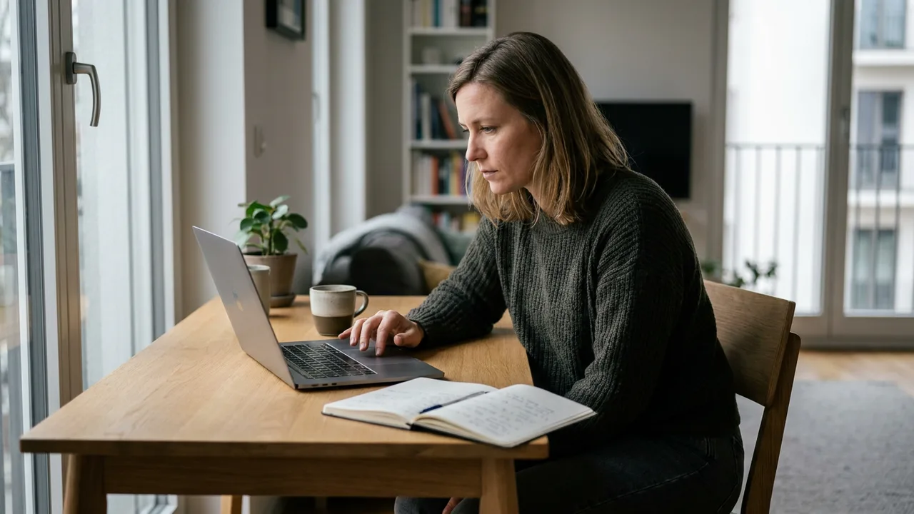 Eine Frau arbeitet konzentriert am Laptop in einem hellen Homeoffice.