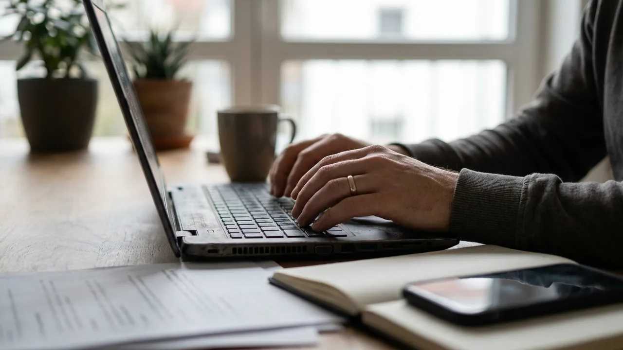 Hände tippen auf einer Laptop-Tastatur im Homeoffice, daneben Unterlagen und ein Smartphone.
