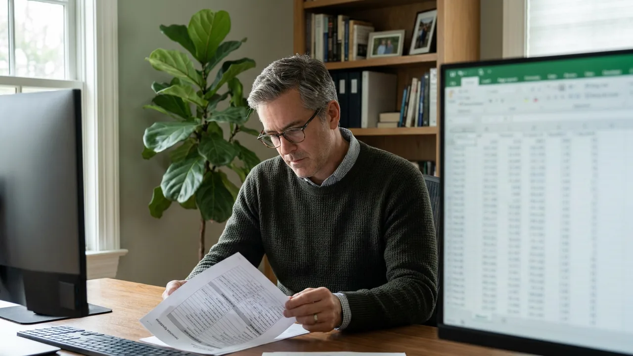 Ein Mann prüft Unterlagen an einem Schreibtisch im Homeoffice mit zweitem Monitor.