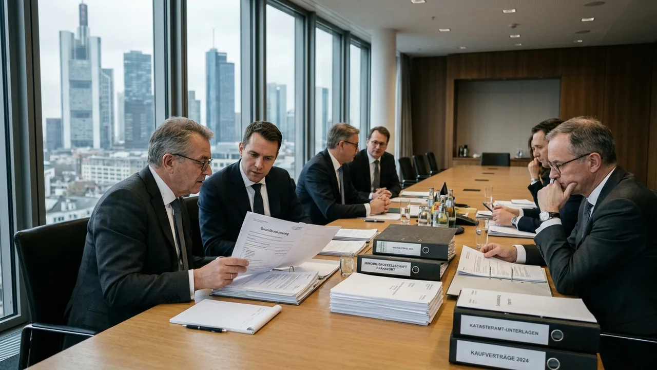 Mehrere Bankvertreter sitzen in einem Besprechungsraum an einem Tisch mit Vertragsunterlagen.