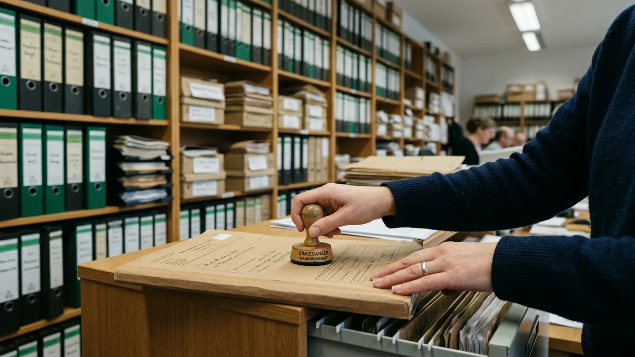 Eine Hand stempelt eine Grundschuldurkunde in einem Aktenordner.