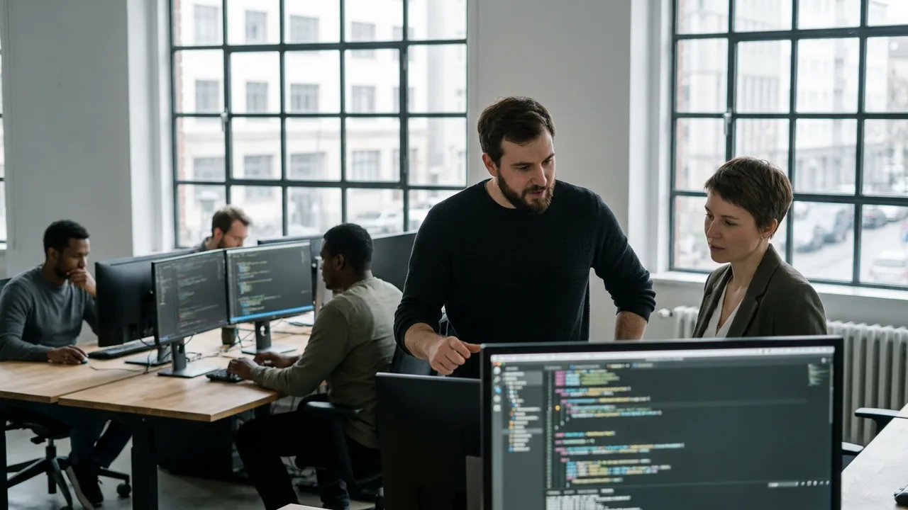 Entwicklerteam und Manager besprechen eine geschäftskritische Software
