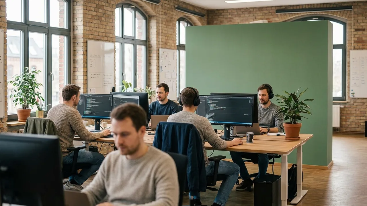 Entwicklerteam arbeitet an Doppelbildschirm-Arbeitsplätzen in einem modernen Büro