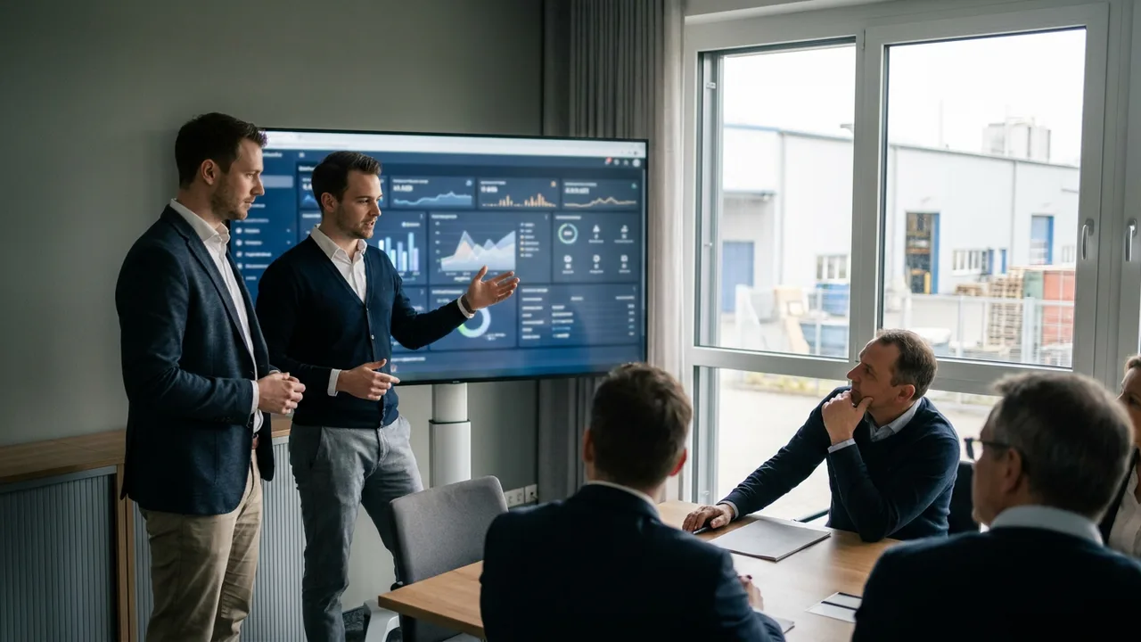 Berater präsentieren Führungskräften ein Software-Dashboard im Besprechungsraum einer Fabrik