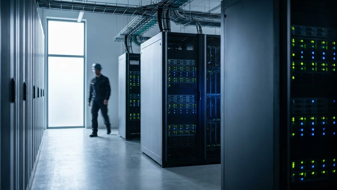 Serverschränke mit Statusleuchten in einem Rechenzentrum