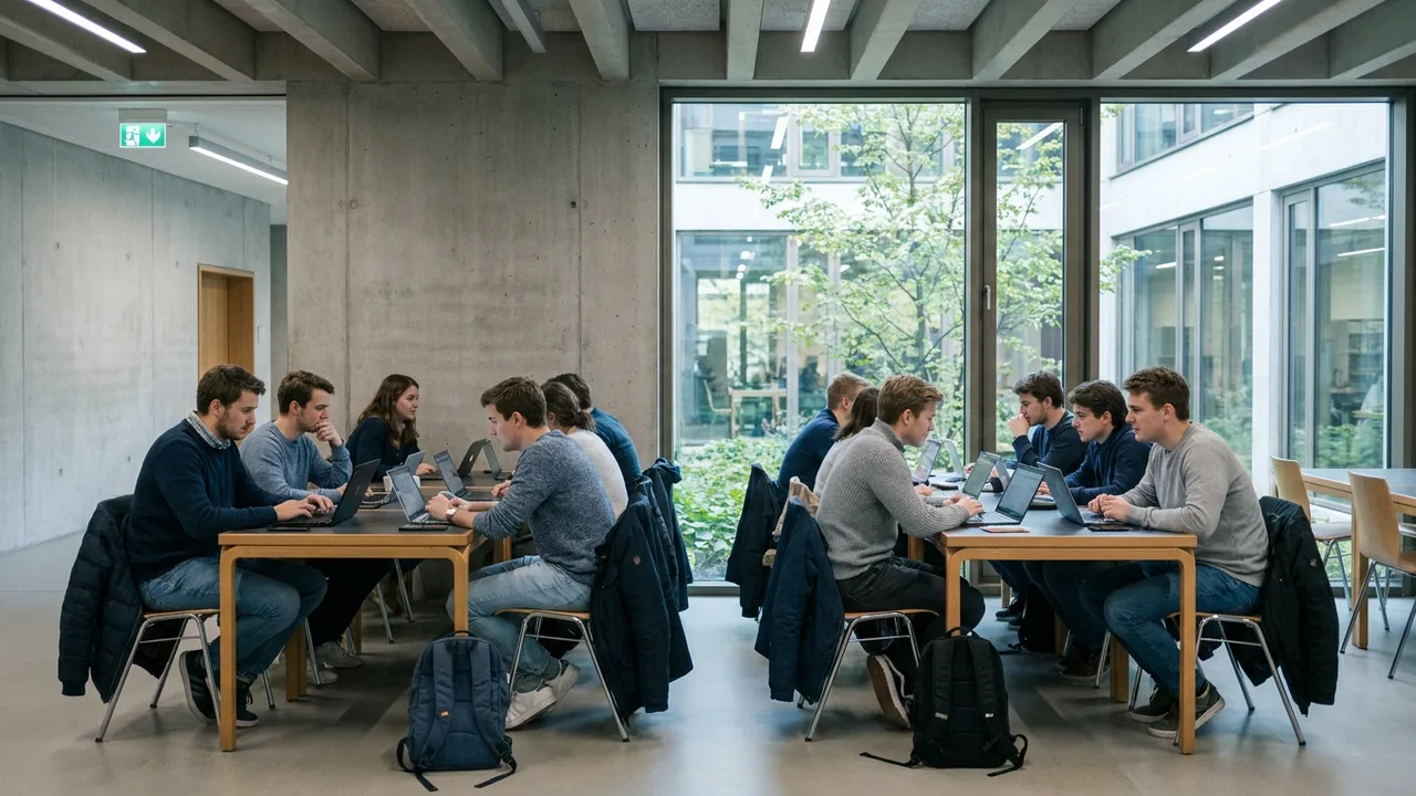 Studierende arbeiten mit Laptops in einem Hochschulgebäude