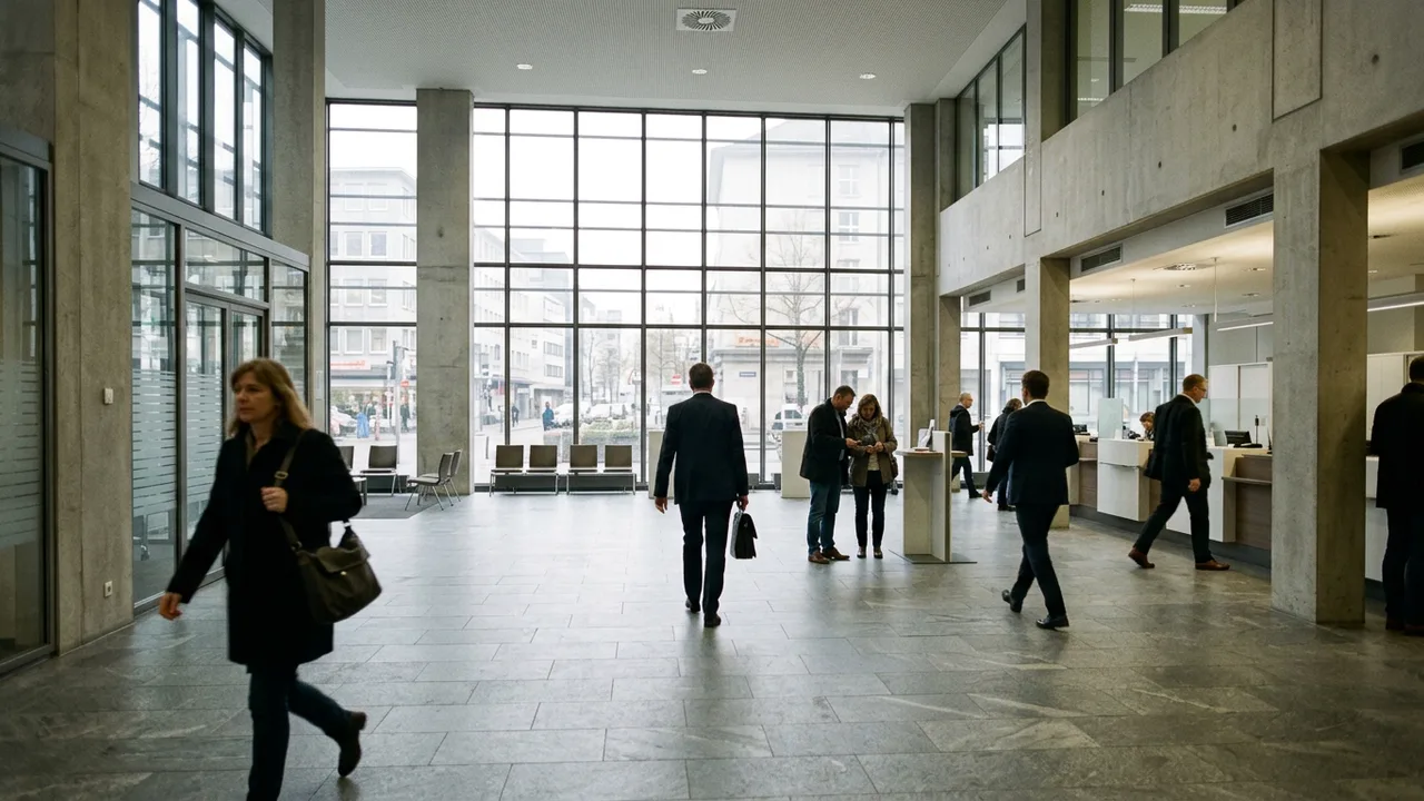 Nüchterne Bankhalle mit Glasfassade und Passanten, dokumentarisches Foto ohne erkennbare Markenzeichen