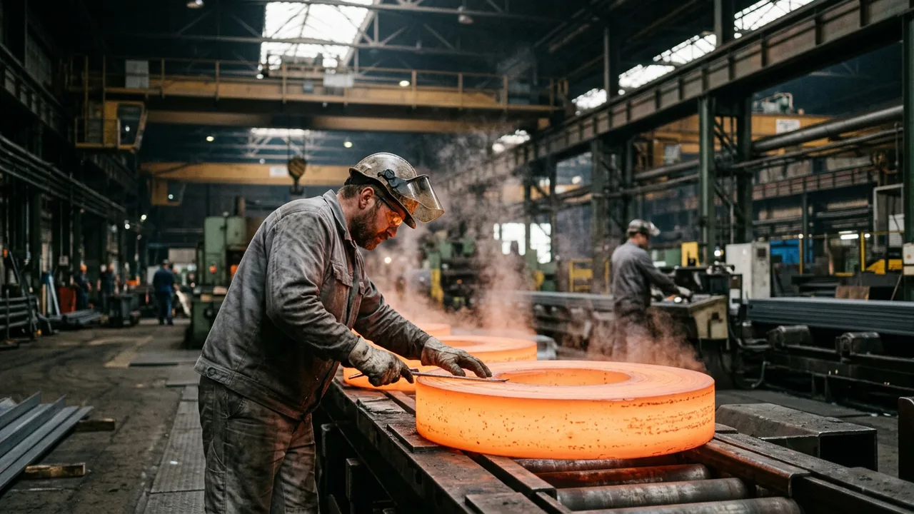 Ein Arbeiter in Schutzkleidung prüft frisch gewalzte Stahlcoils in einer Werkshalle.