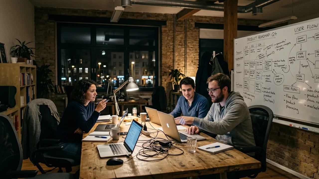 Ein kleines Gründerteam arbeitet abends an einem Tisch in einem Loft-Büro.