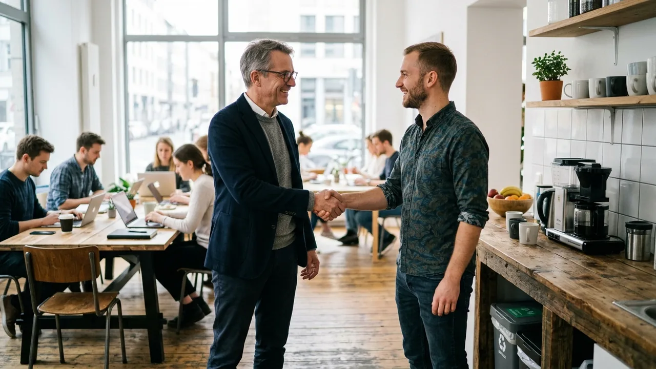 Ein Investor und ein Gründer stehen in einem Co-Working-Space beieinander.