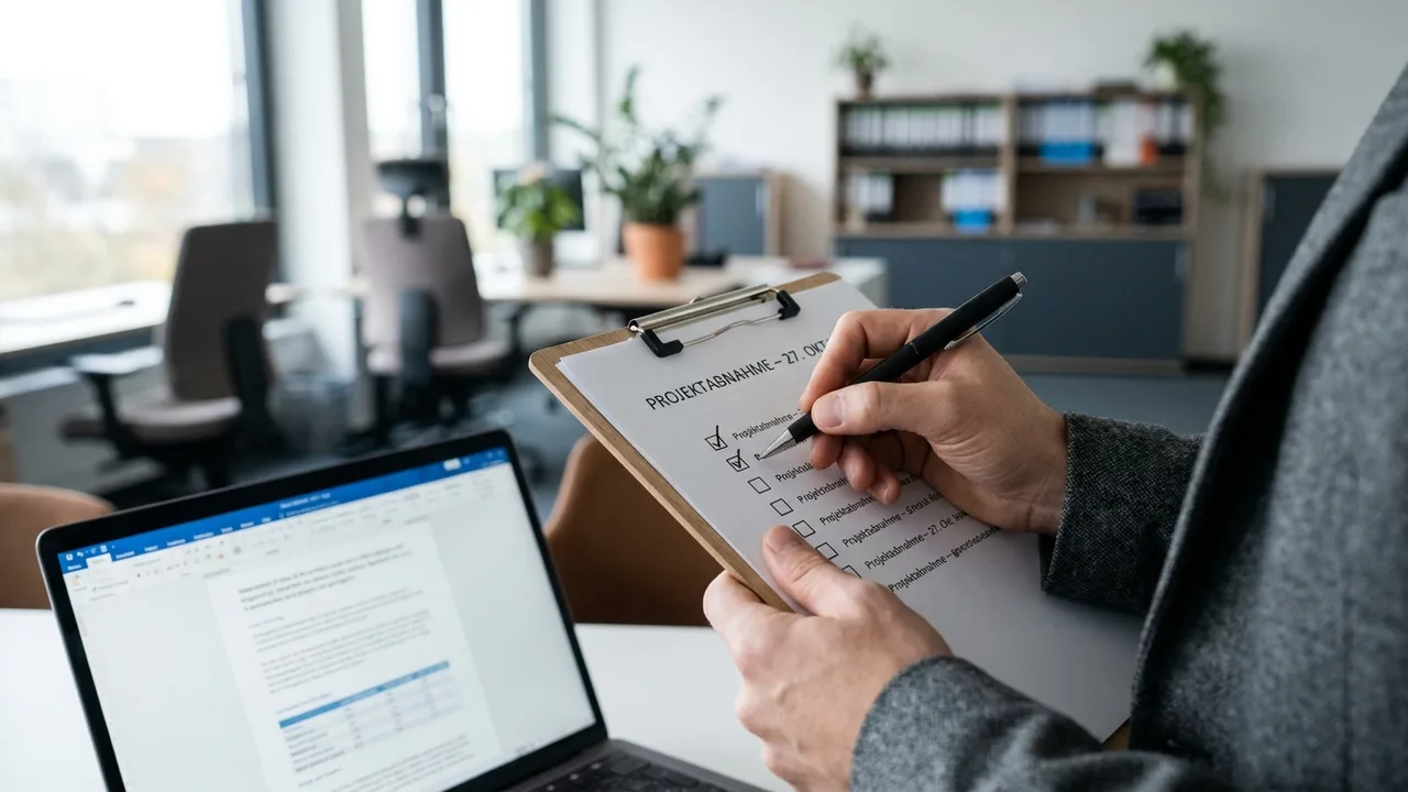 Hände arbeiten eine Checkliste neben einem Laptop durch