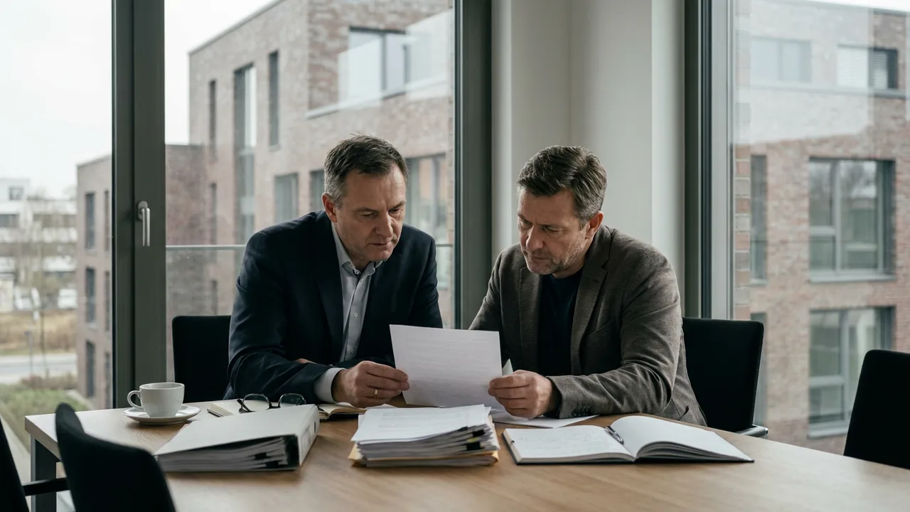 Arbeitgeber und Rechtsberater besprechen ein Anspruchsschreiben im Konferenzraum