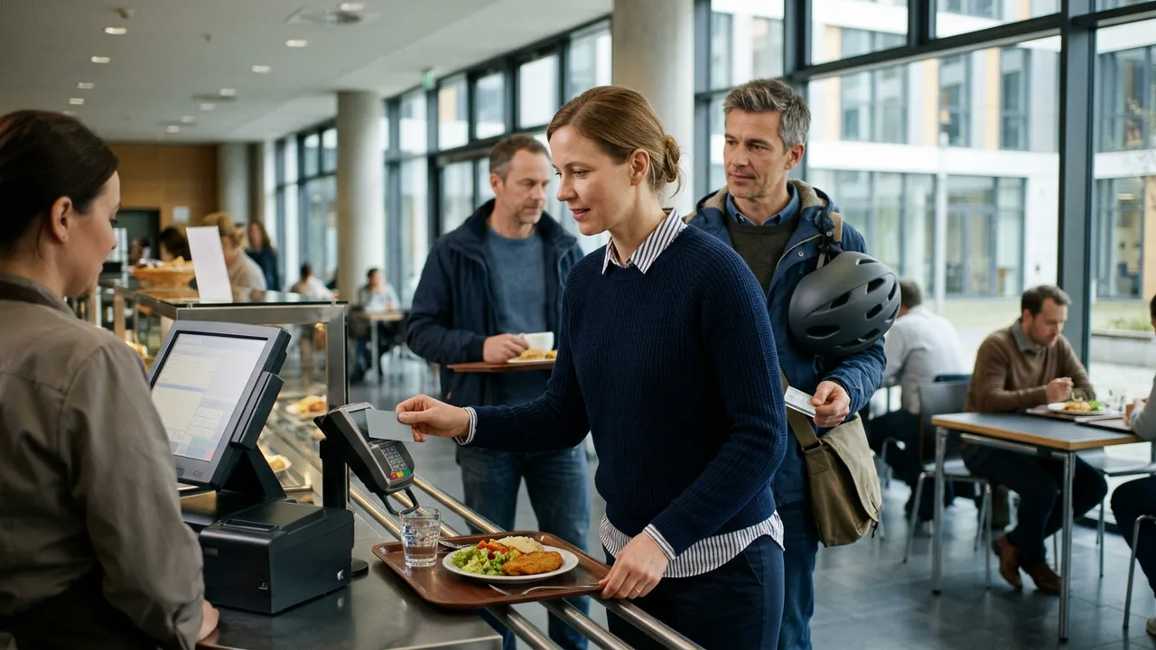 Angestellte bezahlt in einer Firmenkantine mit einer Sachbezugskarte für ihr Mittagessen.