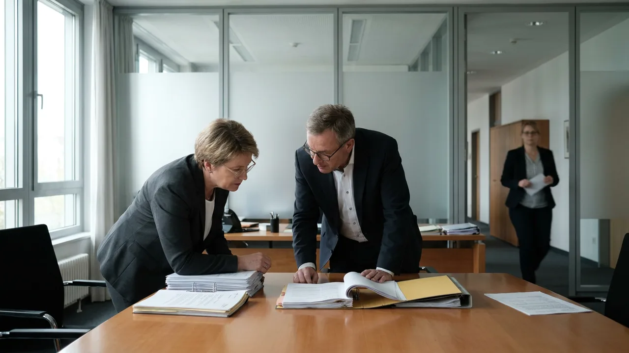 Beratungsgespräch an einem Schreibtisch in einer Behörde mit Unterlagen.