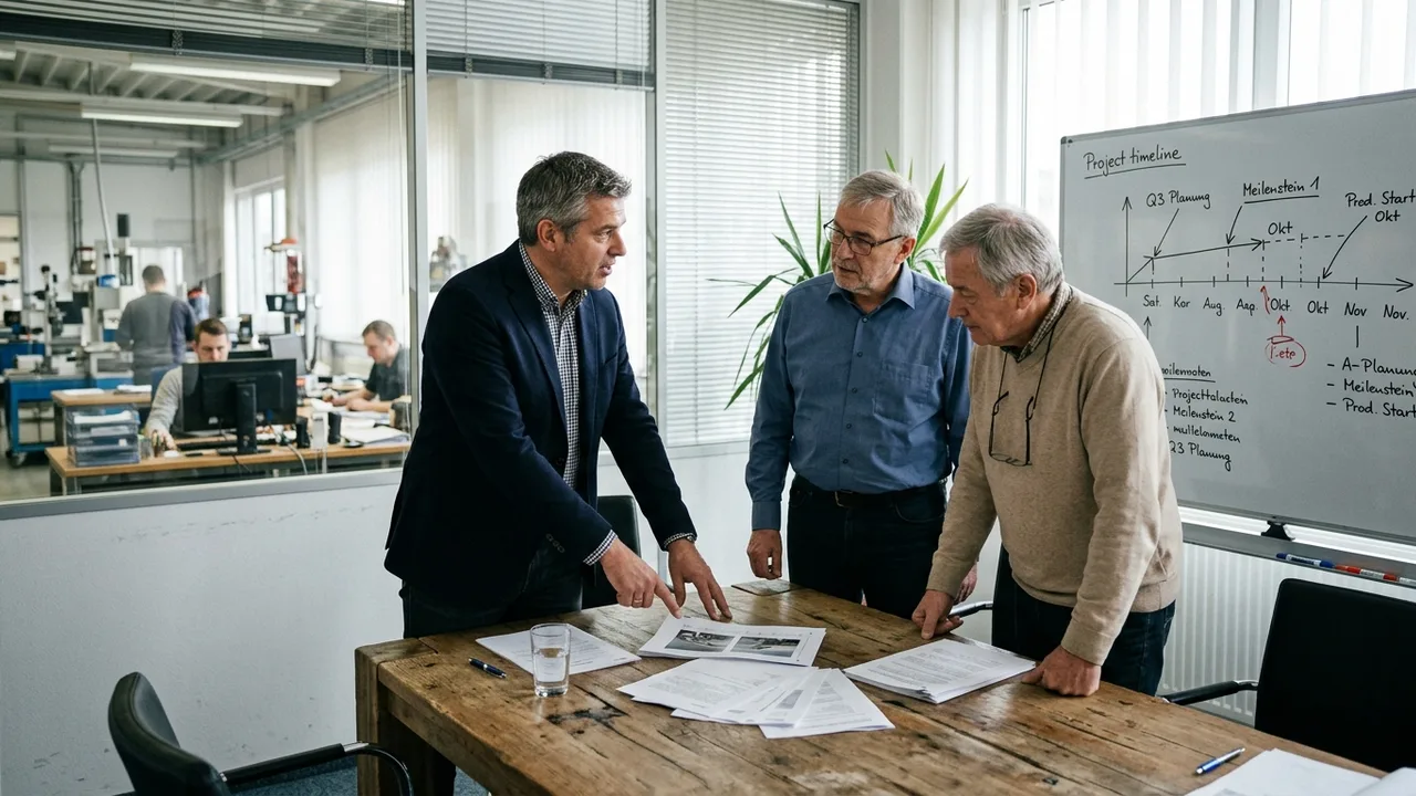 Geschäftsführung und Führungskräfte eines mittelständischen Unternehmens besprechen an einem Konferenztisch eine mehrjährige Planung anhand ausgedruckter Unterlagen.