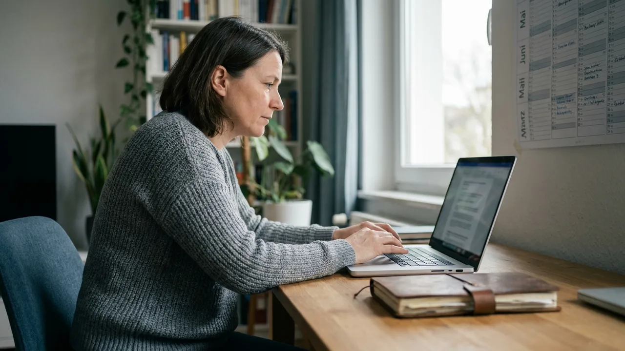 Freiberuflerin arbeitet konzentriert am Laptop in ihrem hellen Homeoffice.