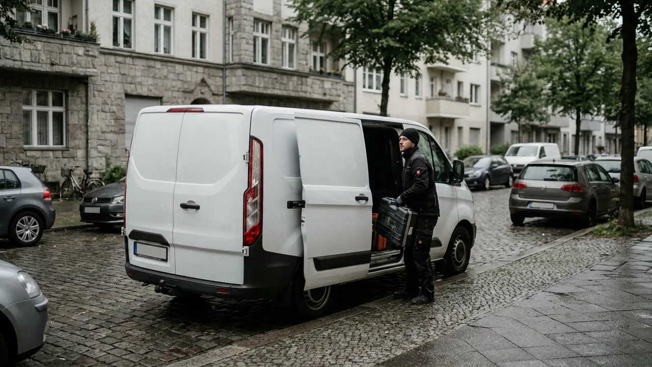 Servicetechniker entlädt Werkzeug aus einem Transporter vor einem Wohnhaus.