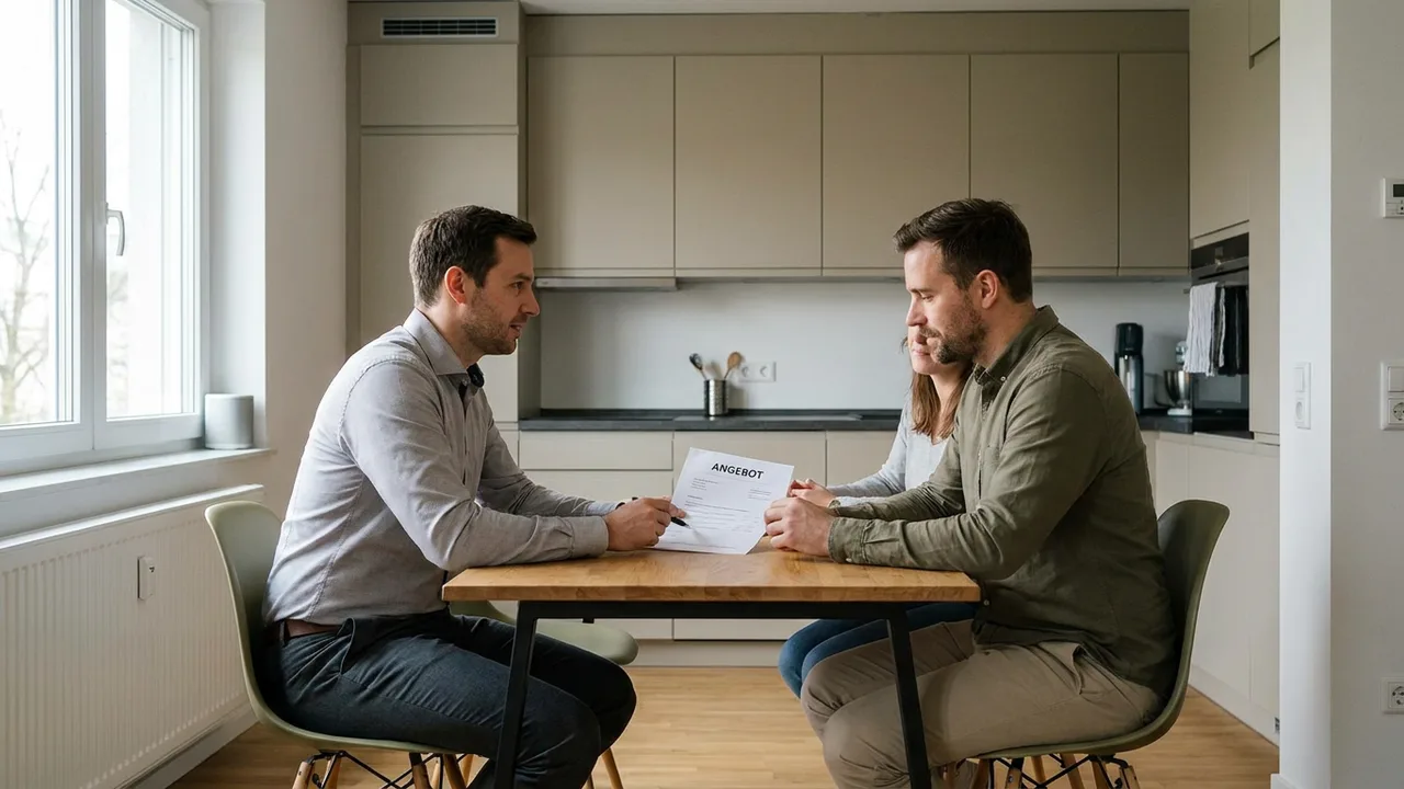 Dienstleister und Kundin besprechen ruhig ein Angebot am Tisch.