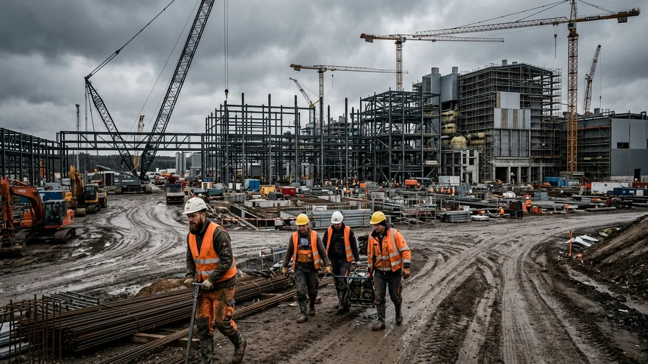 Kräne und Stahlgerüste stehen auf einer großen Industriebaustelle unter bewölktem Himmel.