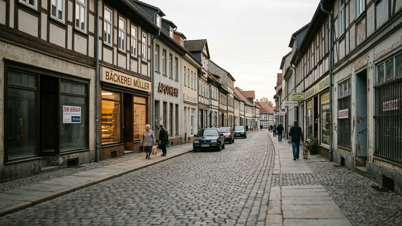 Eine ruhige Kleinstadtstraße mit einigen leerstehenden Ladenlokalen am späten Nachmittag.
