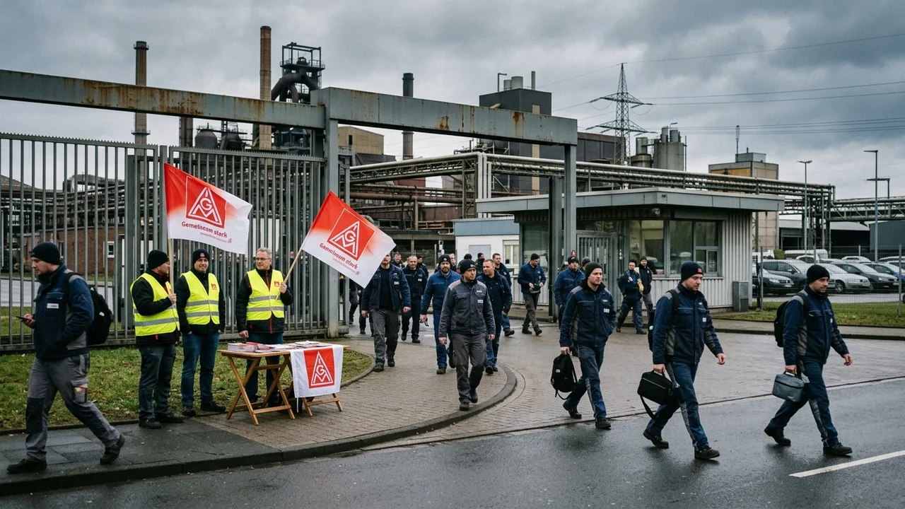 Beschäftigte verlassen ein Werksgelände, im Vordergrund ein kleiner Infostand mit Gewerkschaftsfahnen.