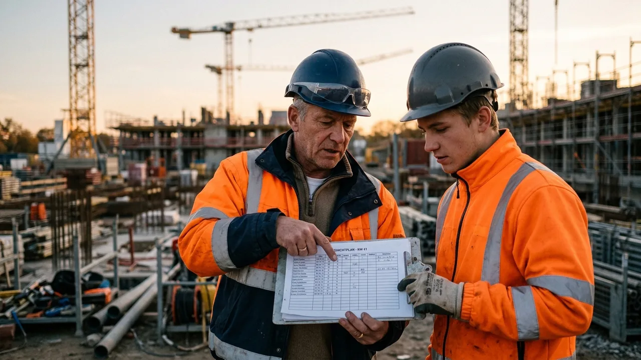 Ein Vorarbeiter und ein Kollege besprechen einen Dienstplan auf einer Baustelle.