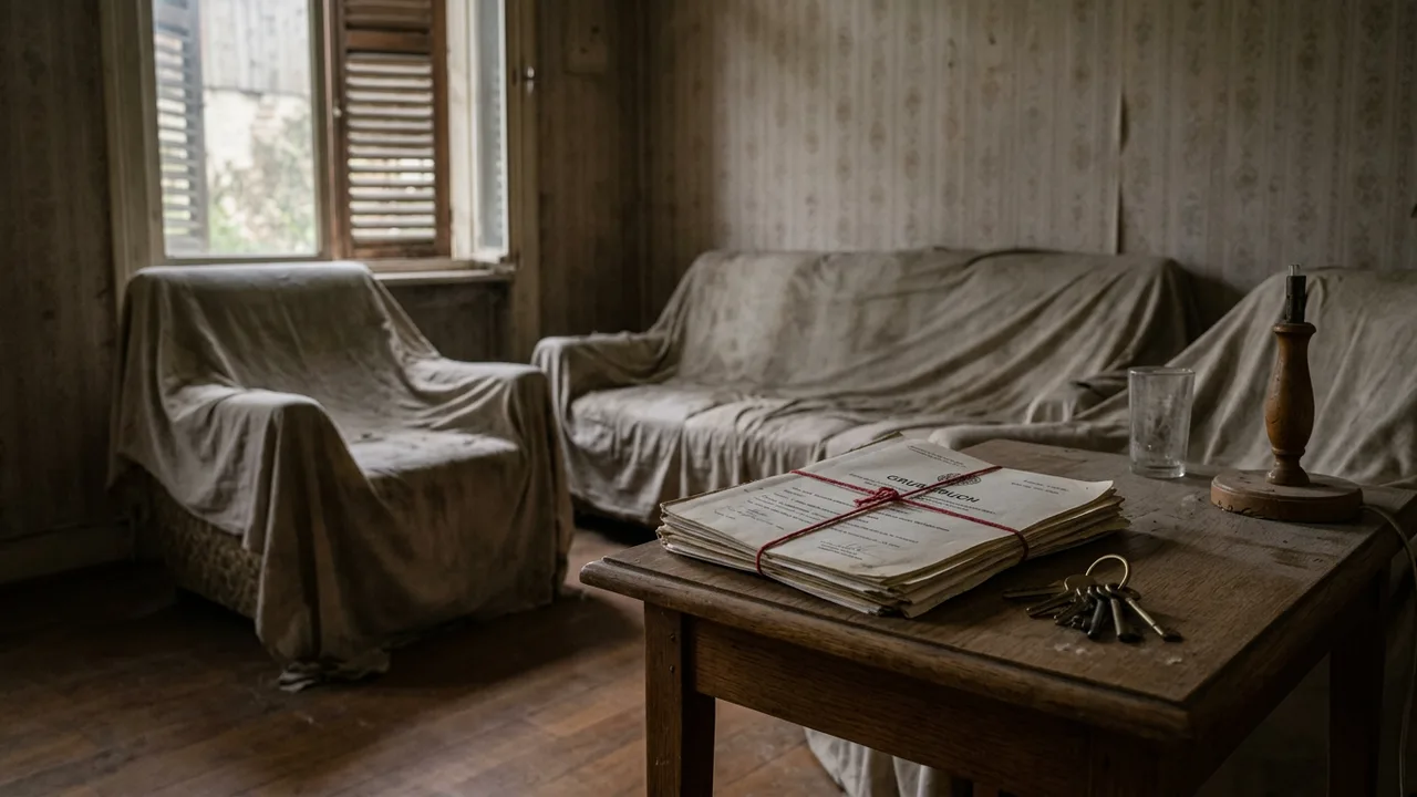 Ein Schlüsselbund und Immobilienunterlagen liegen auf einem Tisch in einem verlassenen Wohnhaus.