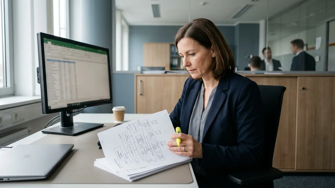 Compliance-Verantwortliche prüft ein Beteiligungsorganigramm mit Textmarker