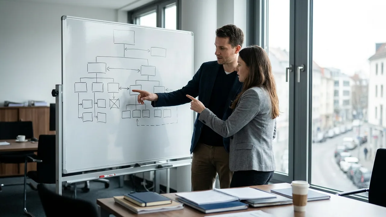 Berater diskutieren eine mehrstufige Beteiligungsstruktur am Whiteboard