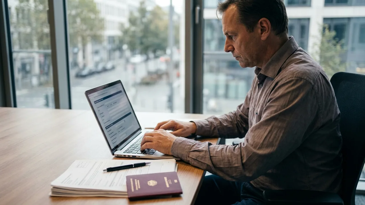 Unternehmer trägt Angaben in ein Online-Formular am Laptop ein