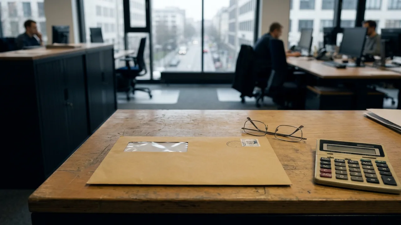Amtlich wirkender Briefumschlag neben Brille und Taschenrechner auf einem Schreibtisch