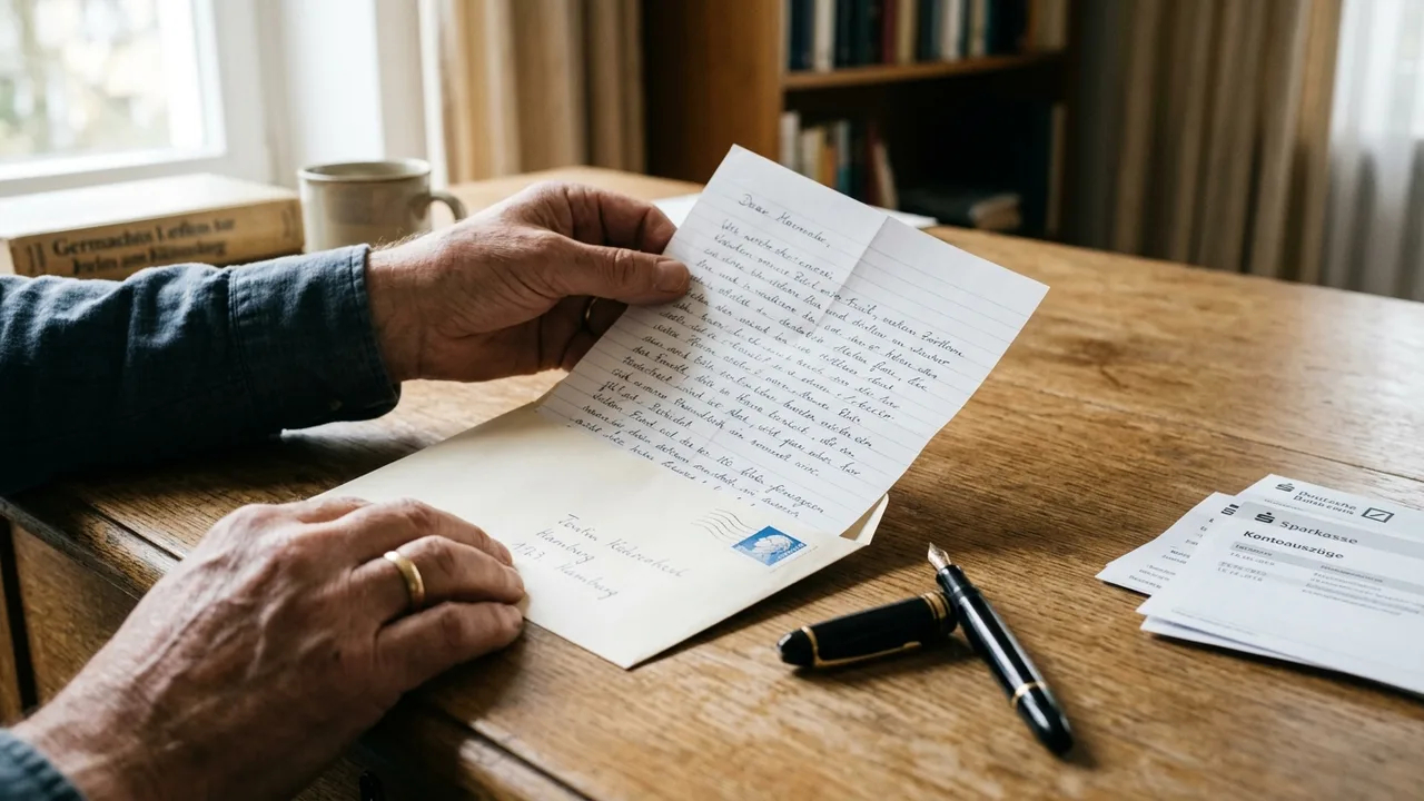 Handgeschriebener Brief wird neben Kontoauszügen in einen Umschlag gelegt.